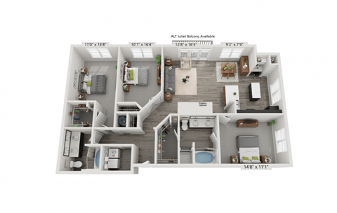 Floor plan for 3 beds, 2 baths, 1447 sqft